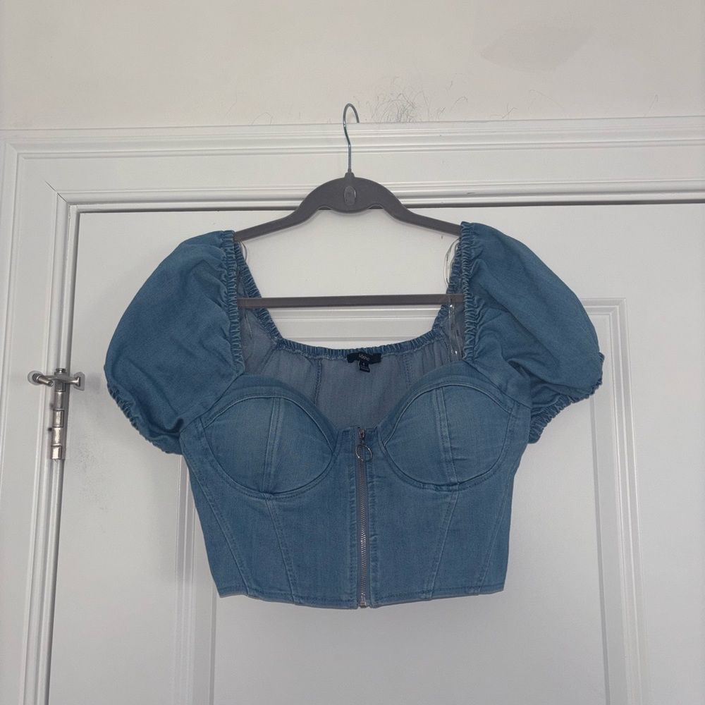 Light Denim Puff-Sleeve Corset Crop Top - Picture 5 of 5